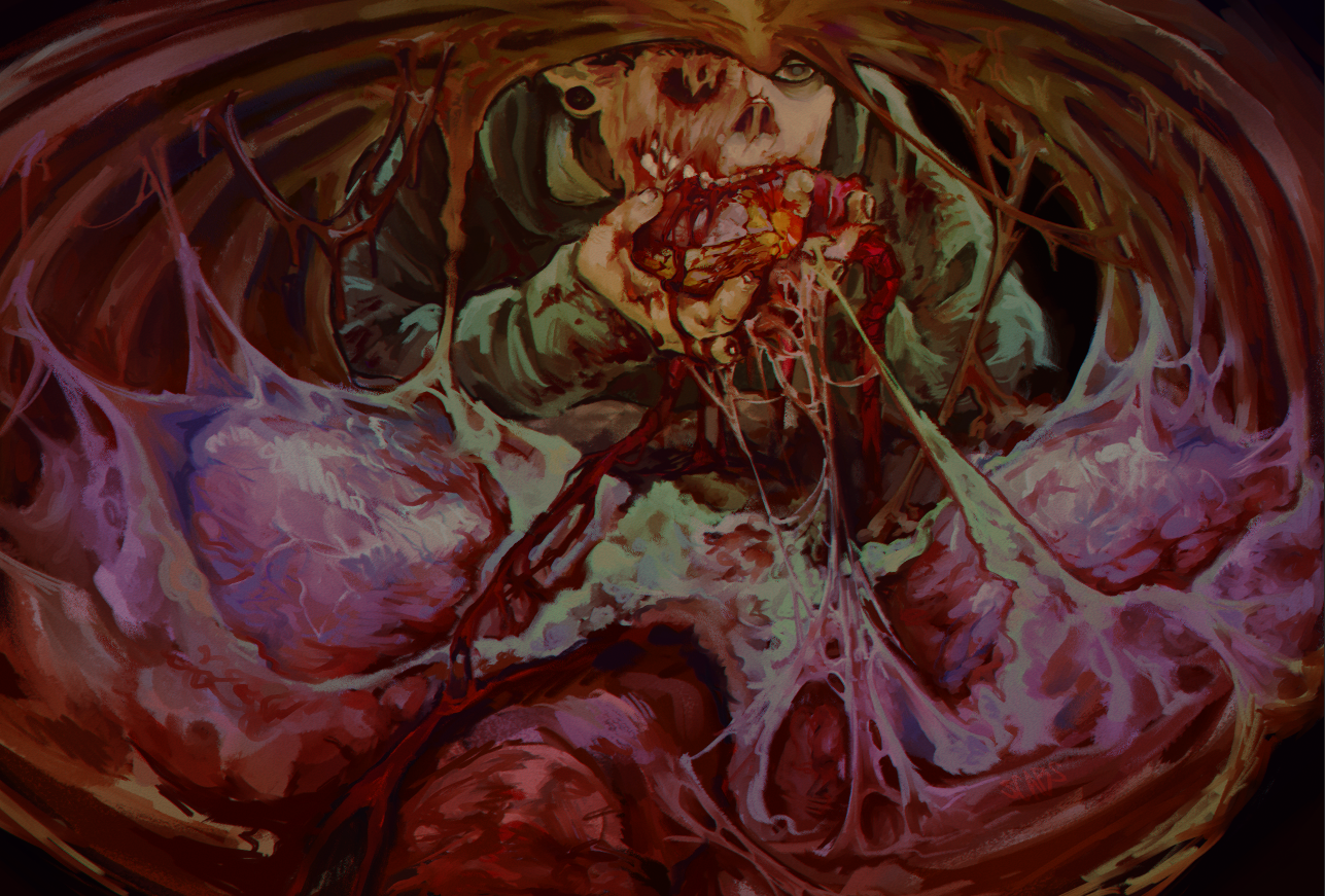 ribcage pov of a zombie eating a heart
